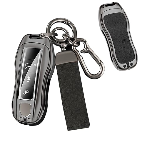 ポルシェ向けの キーホルダー スマートキーケース キーカバー キー保護 Porsche 新型 911 カレラ マカン 新型パナメーラ カイエン Panameraに適用 クレージホースレザー 車用 キーチェーン ブラック
