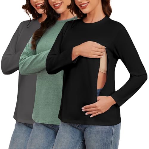 Image of Liu & Qu Women's 3 Pack Nursing Shirts for Breastfeeding with Hidden Zippers Long Sleeves Comfort and Soft Nursing Tops