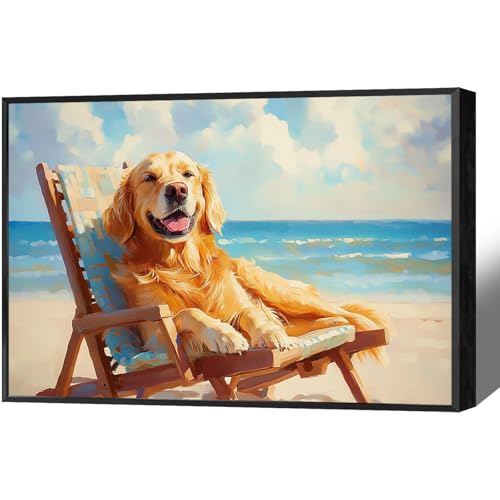 Cute Golden Retriever Canvas Wall Art Summer Beach Animal Bathroom