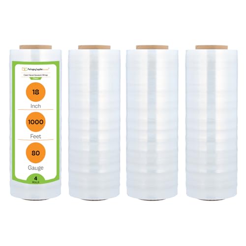 PSBM 4 Rolls 18 Inch x 1000 Feet 80 Gauge Stretch Film/Wrap, Heavy Duty Industrial Strength Up to 800% Ultimate Stretch, Clear Shrink Plastic Wrap for Moving, Packing, Shipping & Storage