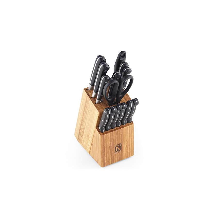 Cook-N-Home-15-Piece-Knife-Set-with-Bamboo-Storage-Block-Stainless-Stee-Silver Cook N Home Kitchen Knife Set with Bamboo Storage Block 15-Piece, High Carbon Stainless Steel Blade, Black