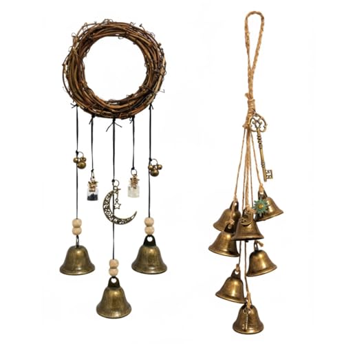 Set of 2 Witch Bells for Door – Featuring a Moon Wreath + Vintage Key, Said to Ward Off Negative Energy; Witches Bells Hanger for Front Door, Entryway & Doorknob; Witchy Decor