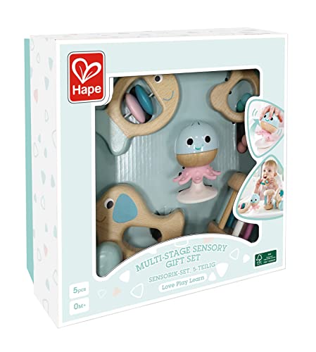 Image of Hape Wooden Multi-Stage Sensory 5 PCs Gift Set| Stay Put Rattle, Rolling Rattles and Teether| Montessori Toys for Newborns, Crawling Babies and Walking Toddlers