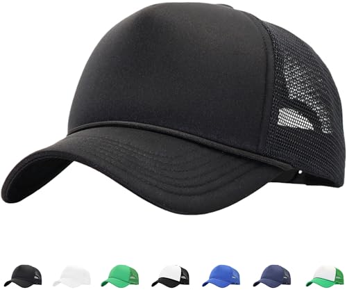 YEANIY Black Trucker Hat for Men Women – Foam Front Mesh Back Cap, Breathable Adjustable Snapback Baseball Hat, Lightweight Curved Brim Summer Cap for Outdoor Casual