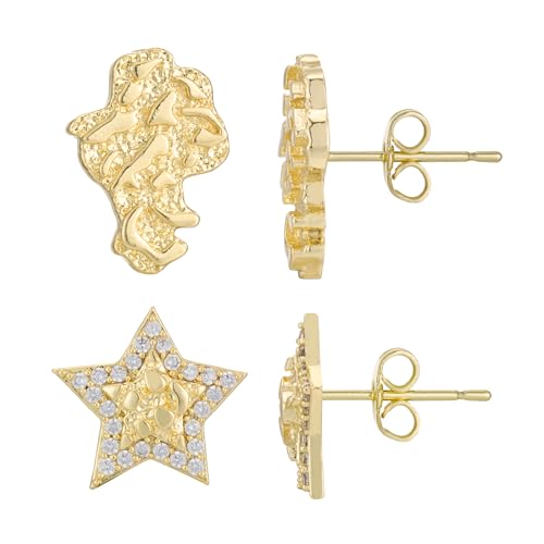 2 Pairs 14K Gold Plated Nugget Earrings Africa Map & Star Design with CZ for Men and Women Unisex Textured Cookie (Flat Map18mm+ Star14mm)
