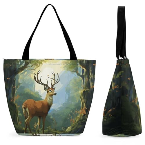 Tote Bag for Women Deer Forest Printed Large Women Casual Shoulder Bag Reusable Shopping Handbag Grocery Bags for Work Travel