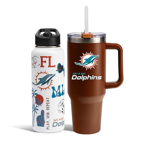 The Memory Company Officially Licensed 34oz Team Spirit Water Bottle and 46oz Game Day Tumbler with Straw Set, Miami Dolphins