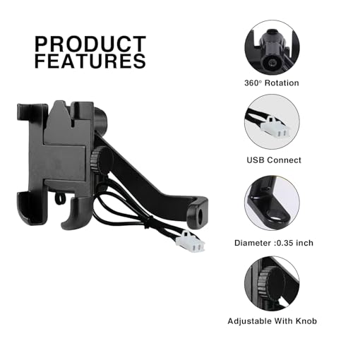 Image of HUMBLE Mobile Phone Holder with USB Charger Waterproof Easy Adjustable Rear View Mirror Mount Solid Metal Cradle Stand Suitable for Bike & Mobile Phones 3.5 inch to 7.0 inch (Black)