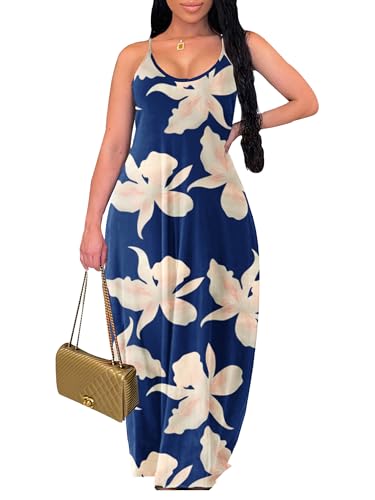 Image of LaiyiVic Boho Maxi Dresses for Women Adjustable Shoulder Strap Colorful with Pockets Loose Sundresses Summer Blue Large