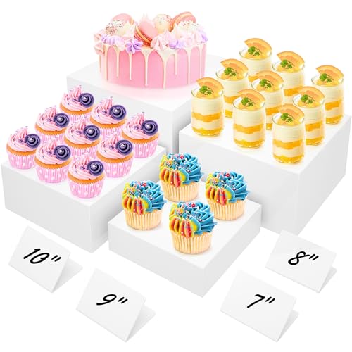 10 Large Buffet Risers with Mini Signs Table Risers Buffet Risers and Stands Acrylic Cube Display Box Riser for Catering Party Buffet Table Food Display Dessert Cakes - White Set of 4 Boxes