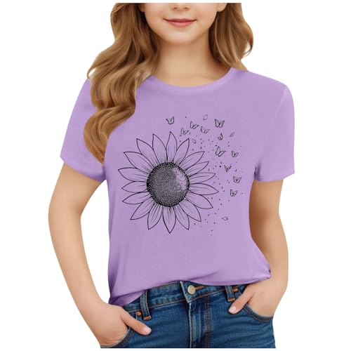 Girls Short Sleeve T Shirts Sunflower Butterfly Print Kids Casual Summer Tops Loose Crewneck Basic Tees for 3-15 Years