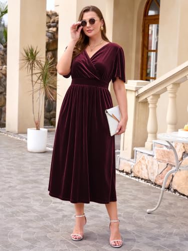 Image of BELAROI Velvet Dress Cocktail Party Plus Size Fall Midi Dresses with Pockets Wrap V Neck Empire Waist Short Sleeve L-4XL