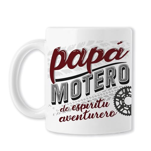 BAOBAB REGALOS Padres (Taza Papá Motero de Espíritu Aventurero - Regalo - Original para regalar con frase y dibujo, Especial DÍA DEL PADRE - Divertida- Cerámica blanca)