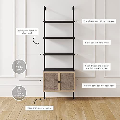 Nathan James Theo Modern Bookcase With Rattan Cabinet In Matte Black And Light Oak Finish With Matte Black Metal Frame For Living Room, Home Office Storage #TOP3