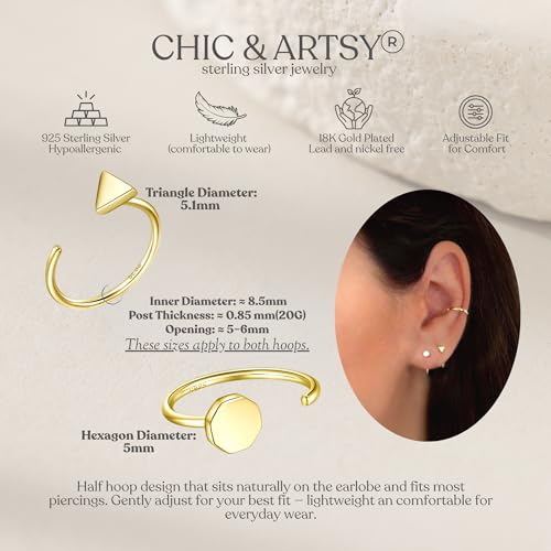 Image of CHIC & ARTSY 925 Sterling Silver Half Hoop Earrings for Women, Small Huggie Hoops Set with Ball Bar Star Moon Cross & Pearl, Lightweight Comfort Fit Everyday & Sleep Earrings