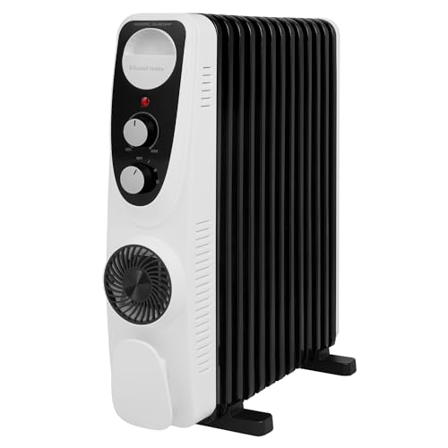 Russell Hobbs 13 Fin Oil Filled Radiator 2500W, White & Black Portable Electric Heater with 3 Heat Settings and Fan, Wheels & Integrated Handle, Overheat & Tip Protection, 29m² Room Size, RHOFR2403