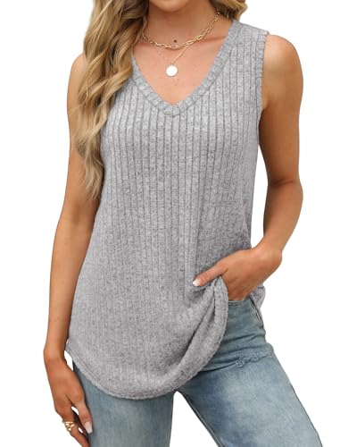 Image of Saloogoe Tank Tops for Women 2025 V Neck Summer Sweaters Vest Lightweight Curved Hem Spring Beach Fashion