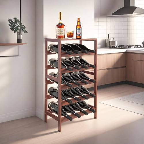 Glsety 20 Bottle Wooden Wine Rack with Table Top, 5 Tier Bamboo Freestanding Floor Wine Storage Holder, Retro Minimalist Style Home Decorations Wine Display Shelves for Kitchen Dining Room Bar - Image 3