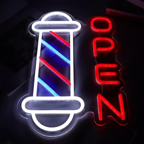 Image of Barber Shop Neon Signs for Wall Decor Open Neon Lights for Bedroom Led Signs Suitable for Barber Shops Hair Salon Art Unique Gift for Hairdresser 10.2 * 16.1 Inch(Red + Blue + White)