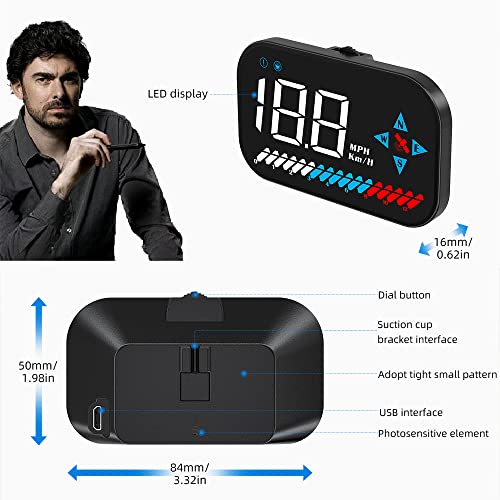 GPS Speedometer, VEESA Car HUD Head Up Display with GPS Smart Gauge Digital Speedometer USB Interface and MPH Speed Fatigued Driving Alert Overspeed, Travel Distance, for All Vehicle(Black)