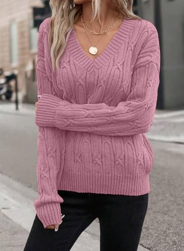 SHEWIN Womens Sweaters Casual V Neck Long Sleeve Cable Knit Crochet Sweater Fall Outfits for Women 20254