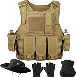 SANYETS Airsoft Vest, Tactical Plate Vest for Men,Paintball Molle Vest with Khaki Pouches and Cap,Gloves,Balaclava for Military Cosplay, Men's Tactical Gear and Equipment