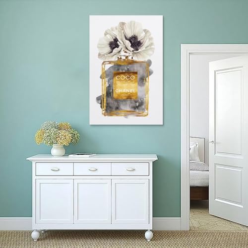 Image of BanLaArt Fashion Perfume Bottle Dark Gold With Dark Grey & White Poppy Canvas Print Poster Decorative Painting Canvas Wall Art Picture Print Modern Family Bedroom Decor 16x24inch(40x60cm), style-4
