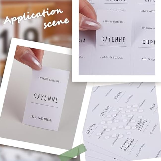 16 Sheets White Spice Labels Stickers Spice Jar Labels PVC Waterproof Blank Self Adhesive Rectangle Preprinted Pantry Decals Organizers Sets for Kitchen Food Box Bottles Seasoning Containers