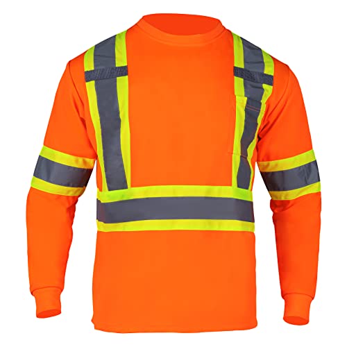 Vendace Men's High Vis Safety Work T Shirt Ansi Class 2 Reflective Long Sleeve Shirt With Pocket(Orange,L) #TOP1