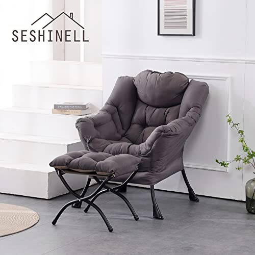 Seshinell Lazy Chair With Ottoman, Modern Accent Chair Contemporary Lounge Leisure Sofa Chair With Armrests, Reading Chair And Folding Footstool Set For Living Room, Bedroom, Office, Dark Grey #TOP1