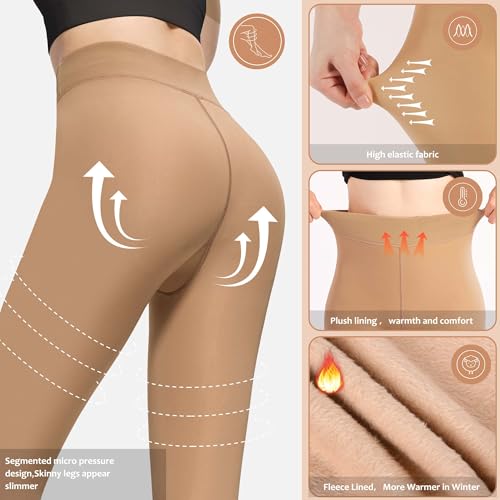 Image of UISLII Fleece Lined Tights Women, Warm Stirrup leggings, Fake Translucent Thermal Skin Colored Tights for Winter(Suntan M-M)
