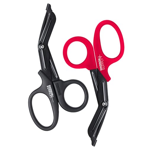 Image of Madison Supply Trauma Shears Red - 7.5 Inch EMT and Nurse Scissors with Quality Stainless Steel, Fluoride-Coated Non-Stick Blades, High-Impact Handles - 2 Pack Trauma Scissors (Black /Red)