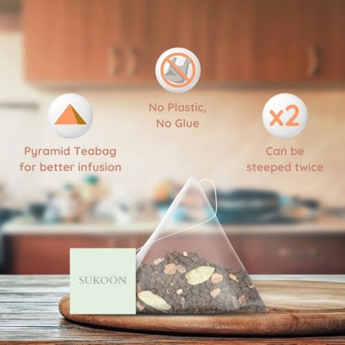 Image of Sukoon India's Original Masala Chai Tea bags - 100 Teabags (2g each) - Plant-Based Pyramid Teabags - Organic - Black Tea CTC, Cardamom, Clove, Cinnamon Spices - Sourced from Assam, individually wrapped