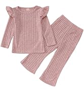 GLIGLITTR Toddler Baby Girls Clothes Set Ruffle Knit Ribbed Long Sleeve T-Shirts Tops+Pants 2Pcs ...
