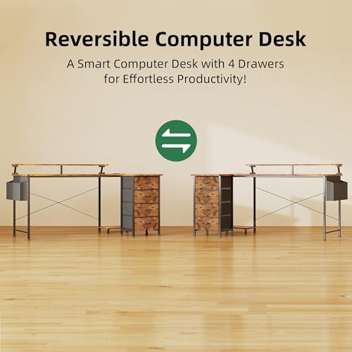 Image of VERMESS 63 inch Reversible L Shaped Gaming Computer Desk, Corner Desk with Power Outlets & Monitor Stand, Writing Study Table with 4 Storage Drawers, Desk with LED Lights, Rustic Brown