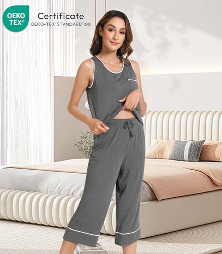 Image of NACHILA Pajamas Set for Women-Viscose Made from Bamboo, Tank Top with Capri Pants Pajama Cool Sleepwear Sleeveless Pjs