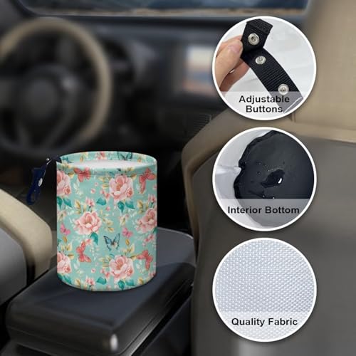 Image of Pink Roses Butterflies Car Trash Bin Folding Vehicle Garbage Small Mini Front Back Seat Rubbish Basket with Strap Travel Garbage Organizer Bag Accessories, Keep Tidy Pink