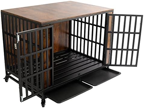 Heavy Duty Dog Crate, Furniture Style Dog Crate for Large Dogs 42 inch, Dog Kennel Furniture, Dog Cage Large Dogs Indoor with Lockable Wheels and Removable Trays by Zelecube, Rustic Brown