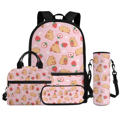 Capybara Backpack for Girls 6-8 8-10 10-12 Kawaii Girls School Backpack with Lunch Bag Pencil Case Water Bottle Sleeve 4 Pcs Kids Bookbag for Elementary School Schoolbag, Strawberry