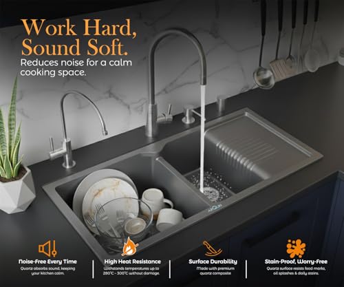 Image of ARQUIN Double Bowl Quartz with Drainboard Kitchen Sink 45x20x9 Inch Grey | Undermount,Topmount | Including Coupling,Sink Connector,Waste Pipe & Fruit Washing Basket