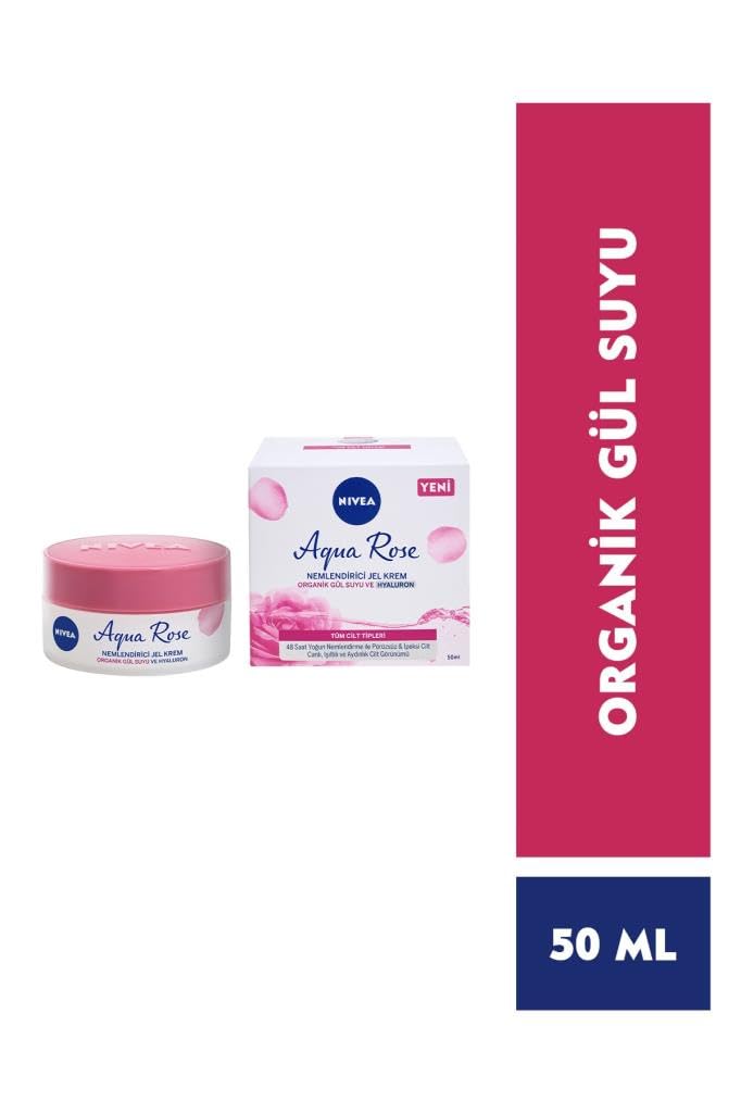NIVEA Aqua Rose Hyaluron ve Organik Gül Suyu İçeren Nemlendirici Jel Yüz Kremi, 50 ml, 48 Saat Yoğun Nemlendirme, Tüm Cilt Tipleri için, Işıltılı, Pürüzsüz Cilt