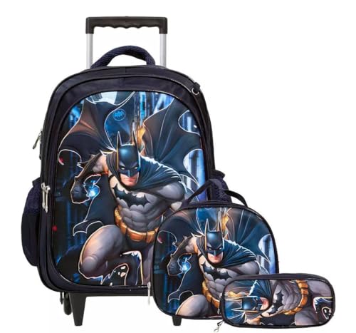 Kit Mochila Infantil com Rodinhas Homem Morcego + Lancheira Térmica + Estojo Escolar