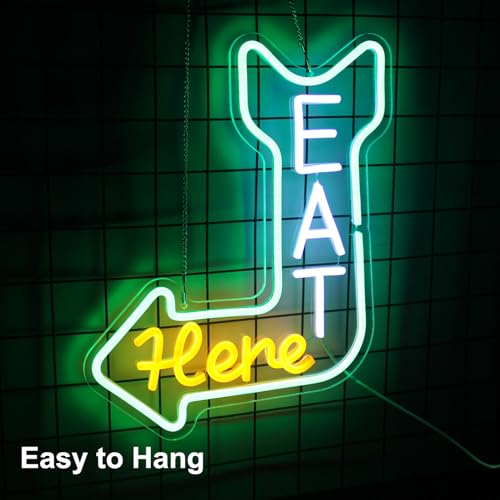 Image of Eat Here Neon Sign with Arrow Guidance for Bar Restaurant Kitchen Decor | Dimmable Kitchen Neon Signs for Wall, Diner Neon Light, Acrylic Business Open Sign, USB Powered, Eat LED Sign, Easy to Hang