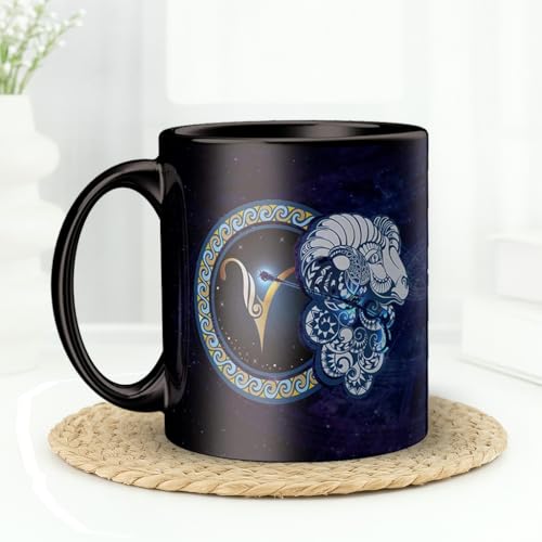 Image of Aries Zodiac Coffee Mug - Black Ceramic Astrology Horoscope Tea Cup with Inspirational Quotes - Birthday Gift for Aries Sign Friends, Family & Astrology Lovers