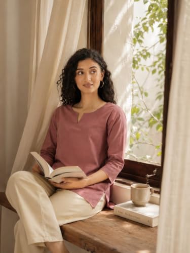Image of SAADAA Airy Linen Split Neck Short Kurta for Women | Casual & Office Wear | 3 /4 Sleeves, Comfortable Fit | Elegant Top | Lightweight & Breathable Fabric |