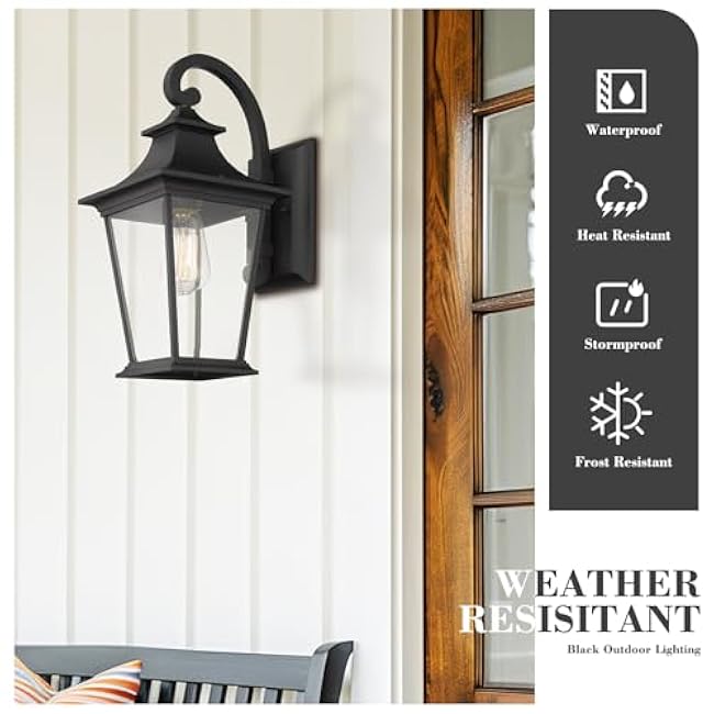 Emliviar Outdoor Wall Lantern, 1-Light Exterior Wall Mount Light with Clear Glass in Black Finish, 18 Height, 500181