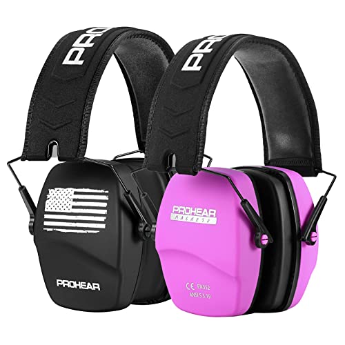 PROHEAR 016 2-Pair Shooting Ear Protection Safety Earmuffs, NRR 27dB Noise Reduction Slim Passive Hearing Protector with Low-Profile Earcups, Compact Foldable Muffs for Gun Range, Hunting
