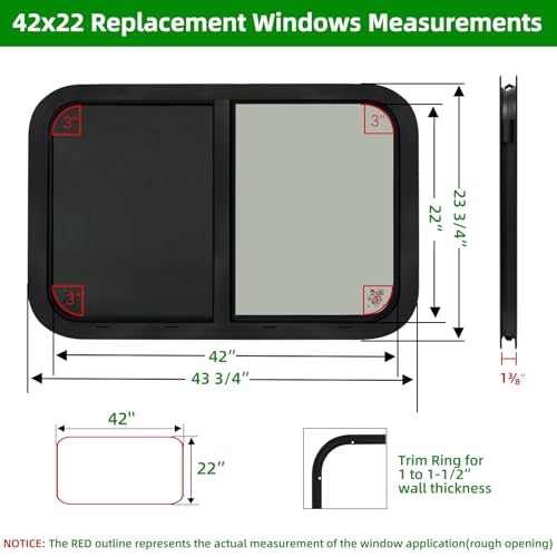 Image of 42 inchW x 22 inchH RV Windows for Cargo Trailer Camper,Tinted Horizontal Sliding | RV Cargo Trailer Camper Window Replacement w /Screen&Trim Ring,Fit 15 /16 inchor 1-3 /8 inch Thick Wall,Allow Error 1 /16 inch,DOT Approved