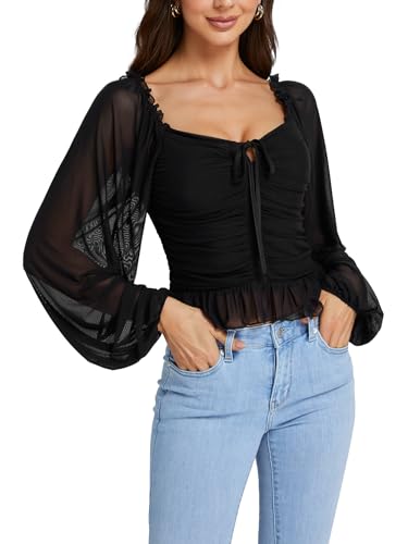 LYANER Women's Sweetheart Neck Self Tie Knot Shirred Back Mesh Lantern Long Sleeve Blouse Shirt Top