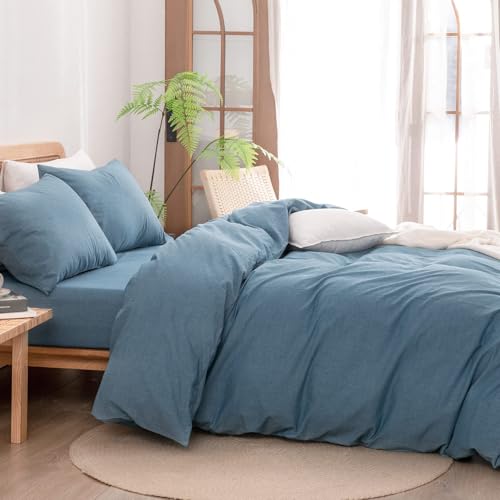 Image of BESTOUCH Cotton Solid Duvet Cover Set Linen Feel Dark Blue Oversized Full | Washed Cotton, Linen Feel, Soft Wrinkle Texture, Hidden Zipper, 8 Ties, Breathable Lightweight Durable Comfy, 3Pcs No Insert